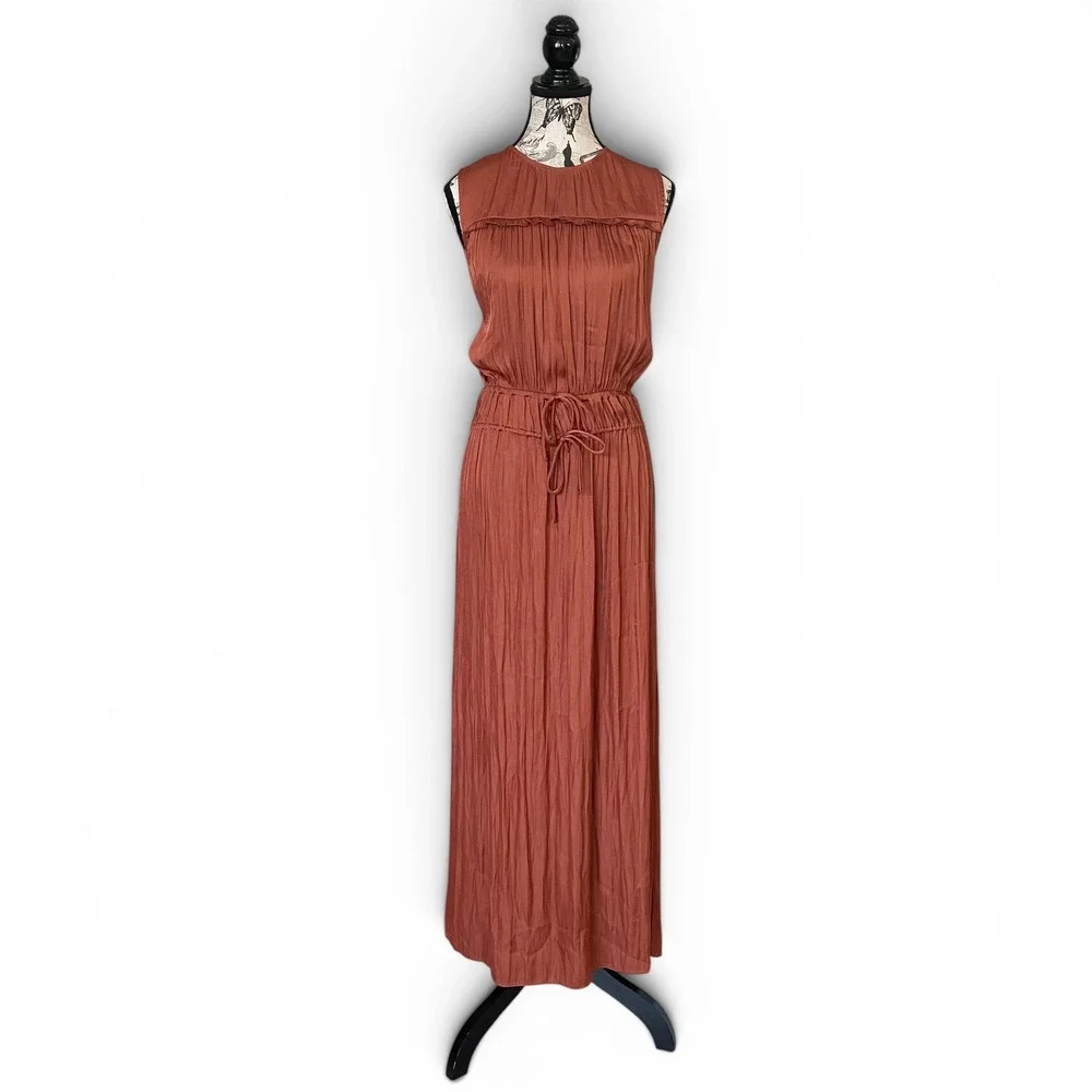 Zara Maxi Dress Womens Large Rust Satin Pleated Cutout‎ Back Earthy Wedding NWT